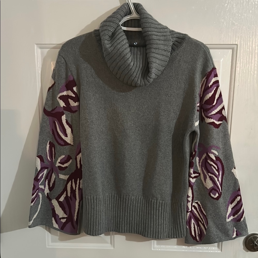 CAbi Gray and Purple Cowl Neck Sweater with Ribbed Texture